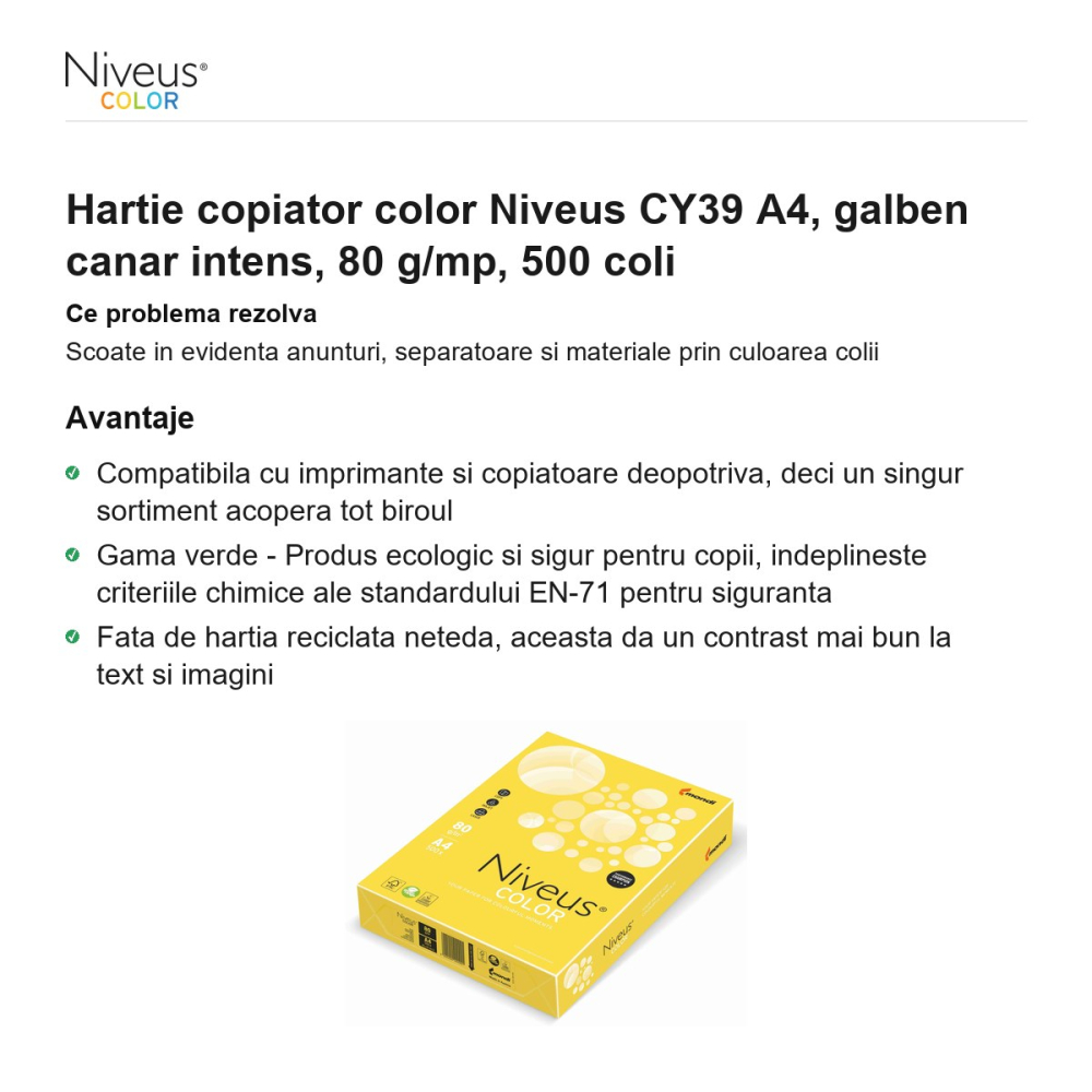 Hartie copiator color Niveus CY39 A4, galben canar intens, 80 g/mp, 500 coli [2]