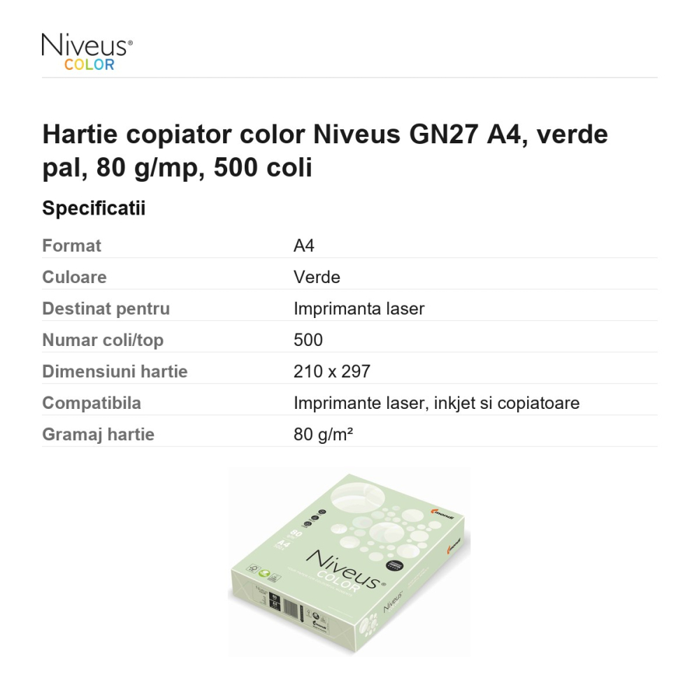 Hartie copiator color Niveus GN27 A4, verde pal, 80 g/mp, 500 coli [3]