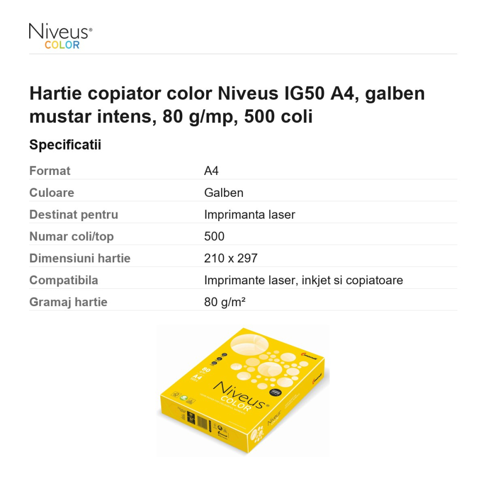 Hartie copiator color Niveus IG50 A4, galben mustar intens, 80 g/mp, 500 coli [3]
