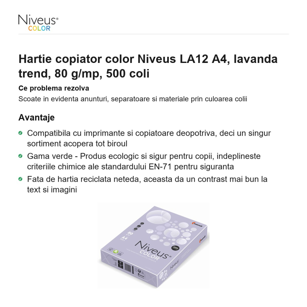 Hartie copiator color Niveus LA12 A4, lavanda trend, 80 g/mp, 500 coli [2]