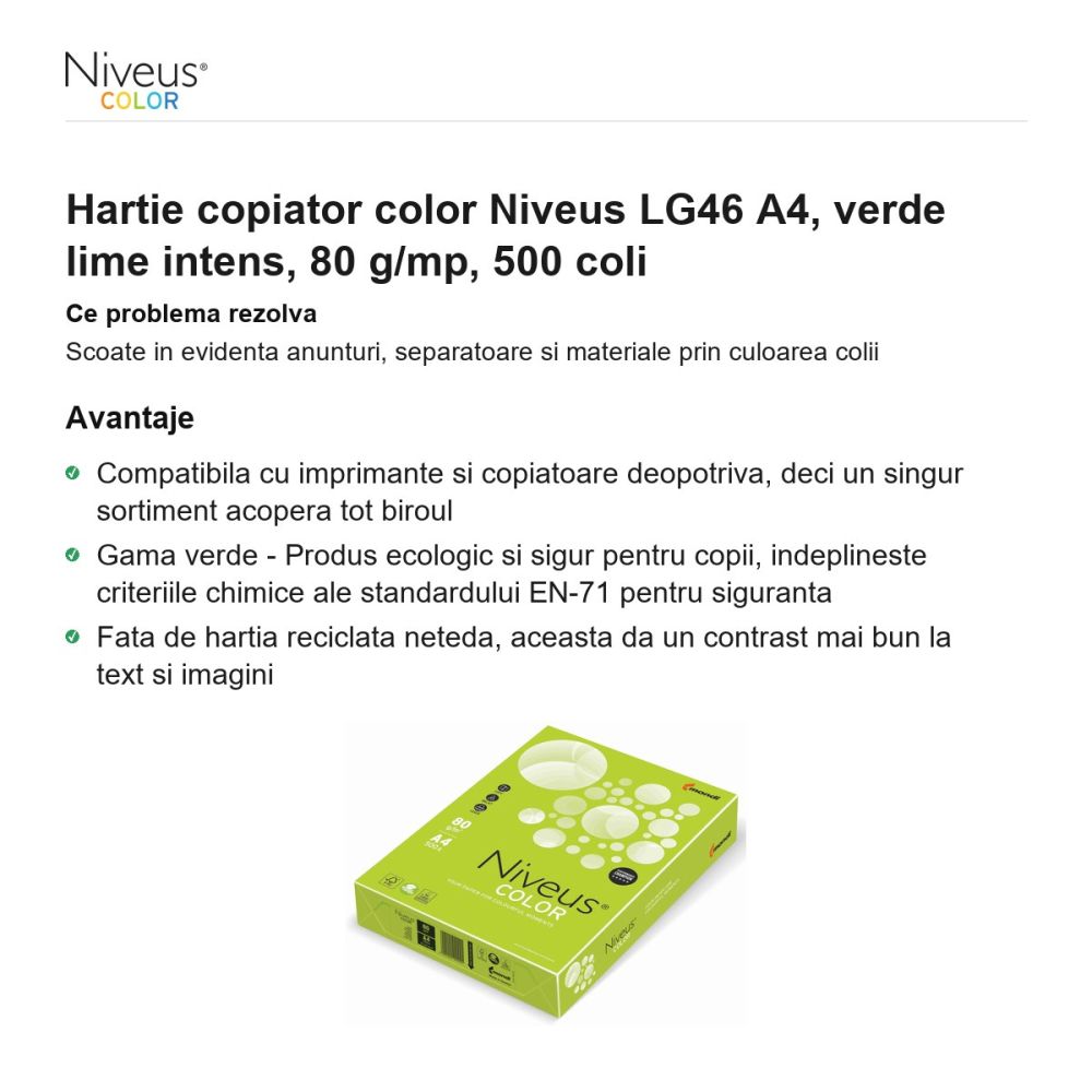 Hartie copiator color Niveus LG46 A4, verde lime intens, 80 g/mp, 500 coli [2]