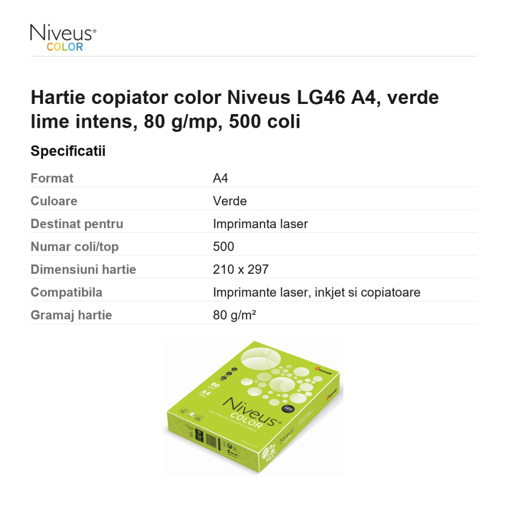 Hartie copiator color Niveus LG46 A4, verde lime intens, 80 g/mp, 500 coli [3]