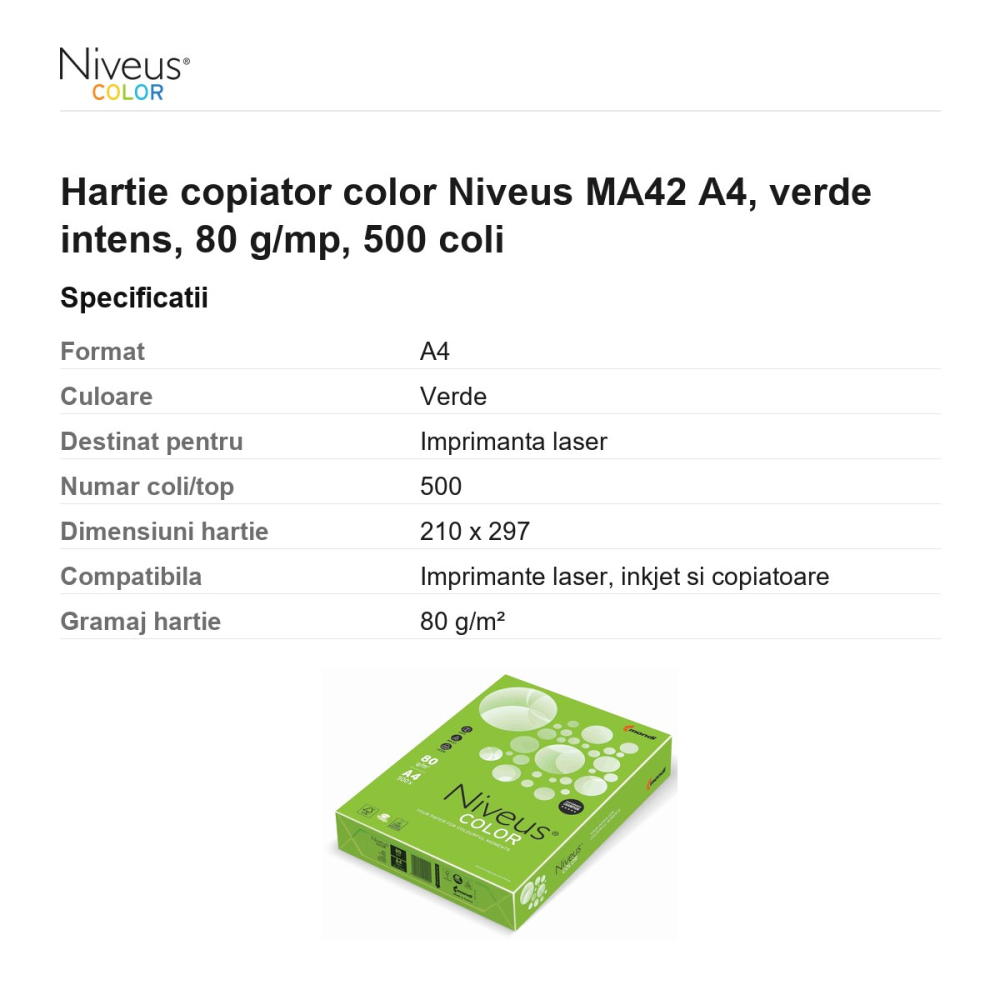 Hartie copiator color Niveus MA42 A4, verde intens, 80 g/mp, 500 coli [3]