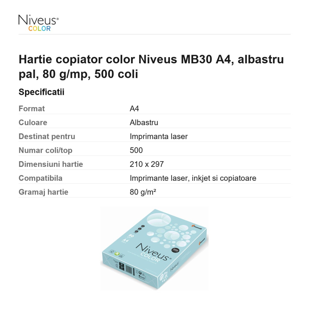Hartie copiator color Niveus MB30 A4, albastru pal, 80 g/mp, 500 coli [3]