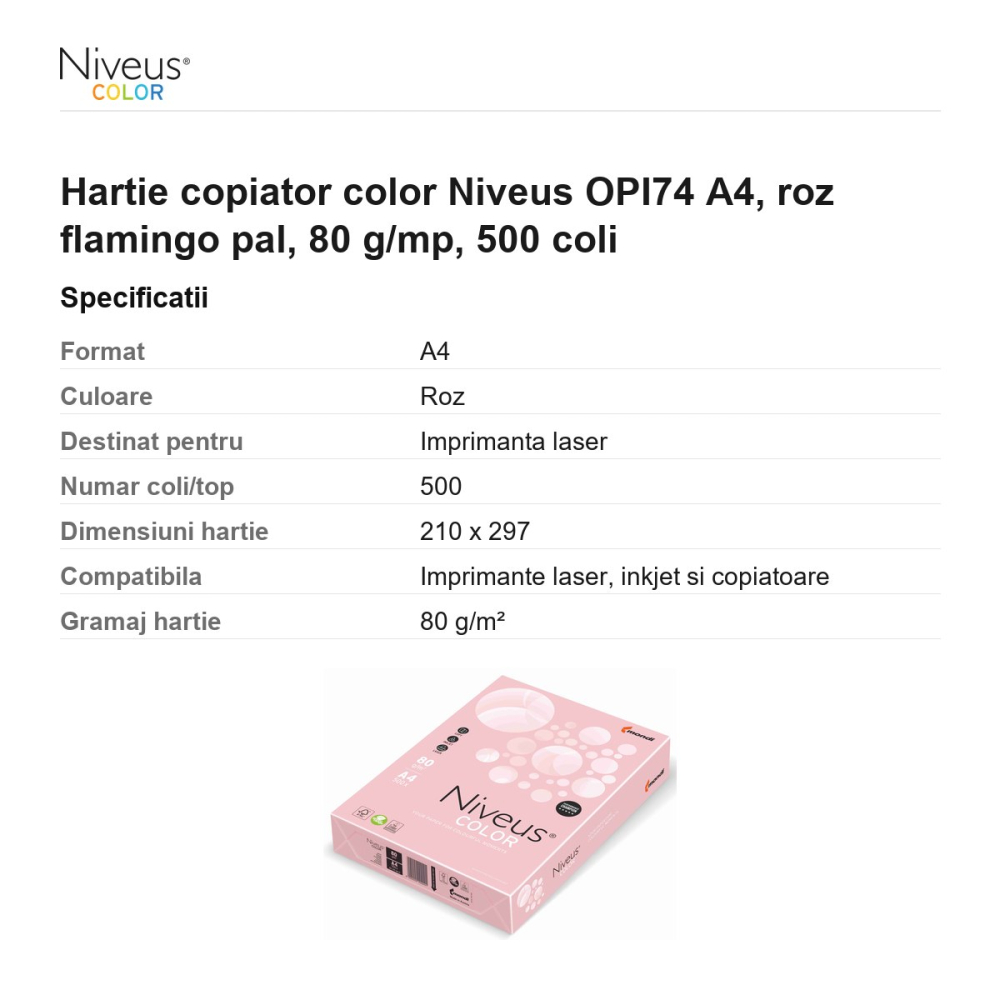 Hartie copiator color Niveus OPI74 A4, roz flamingo pal, 80 g/mp, 500 coli [3]