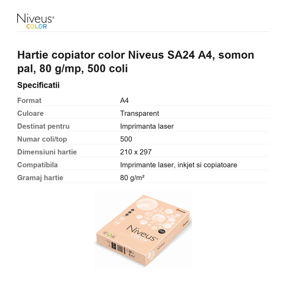 Hartie copiator color Niveus SA24 A4, somon pal, 80 g/mp, 500 coli [3]