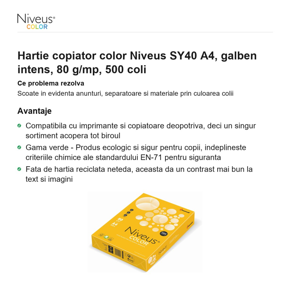 Hartie copiator color Niveus SY40 A4, galben intens, 80 g/mp, 500 coli [2]