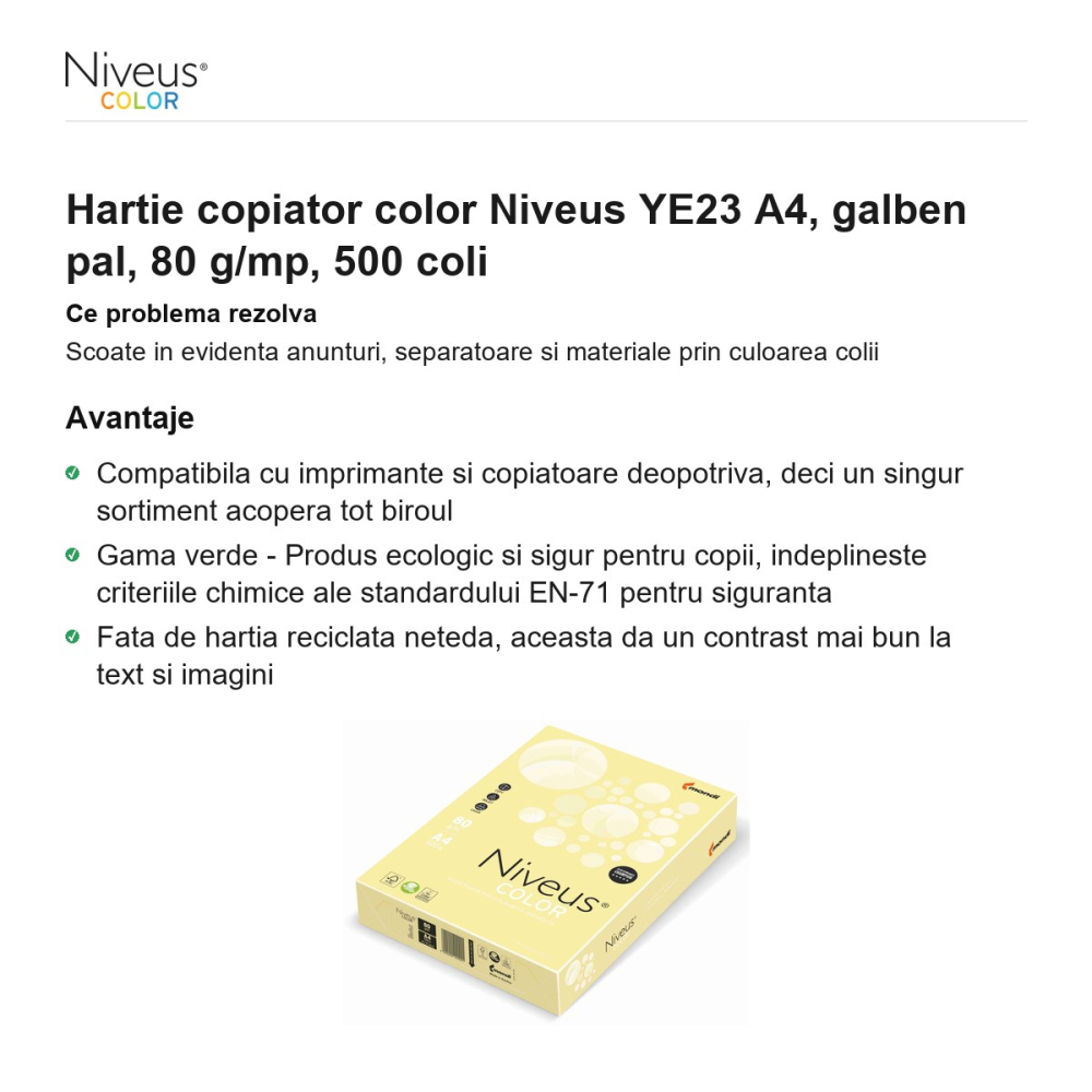 Hartie copiator color Niveus YE23 A4, galben pal, 80 g/mp, 500 coli [2]