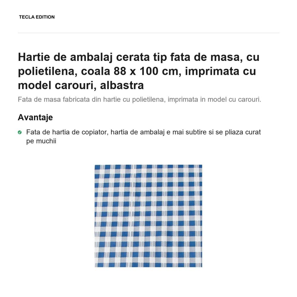 Hartie de ambalaj cerata tip fata de masa, cu polietilena, coala 88 x 100 cm, imprimata cu model carouri, albastra [2]