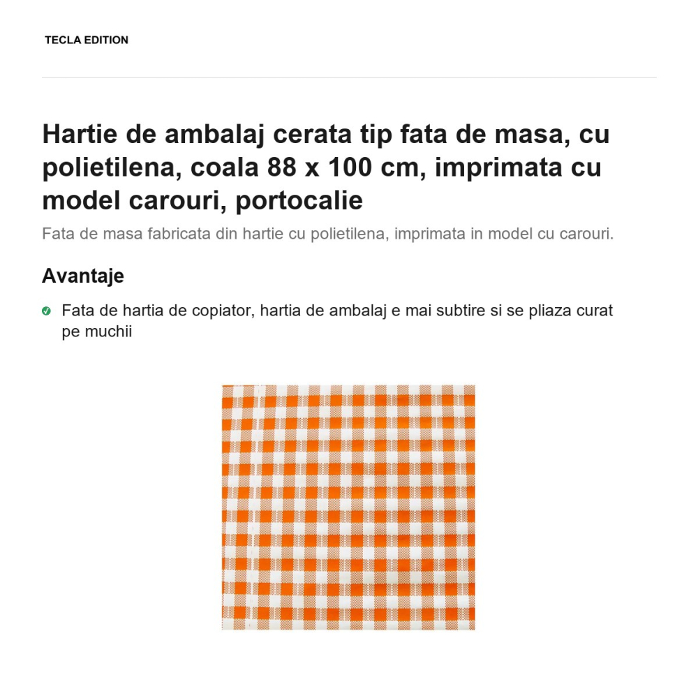 Hartie de ambalaj cerata tip fata de masa, cu polietilena, coala 88 x 100 cm, imprimata cu model carouri, portocalie [2]