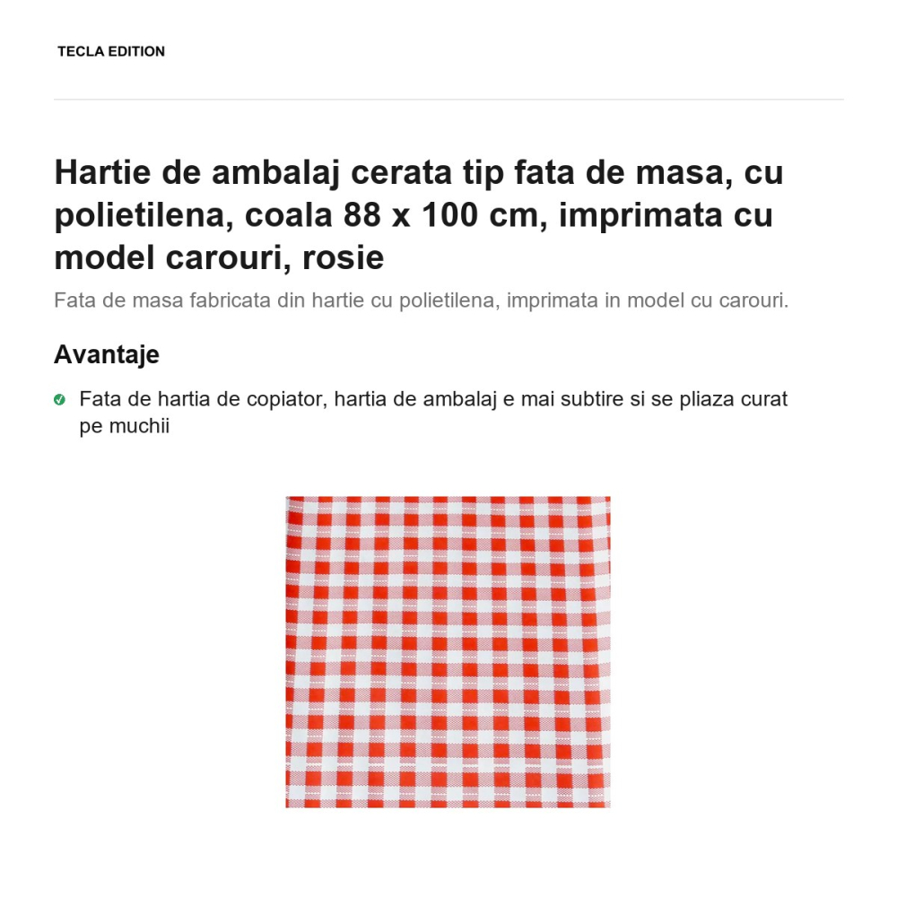 Hartie de ambalaj cerata tip fata de masa, cu polietilena, coala 88 x 100 cm, imprimata cu model carouri, rosie [2]