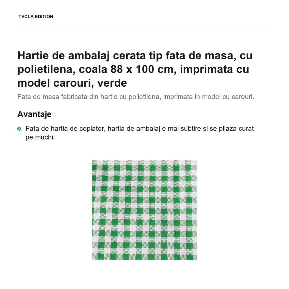 Hartie de ambalaj cerata tip fata de masa, cu polietilena, coala 88 x 100 cm, imprimata cu model carouri, verde [2]