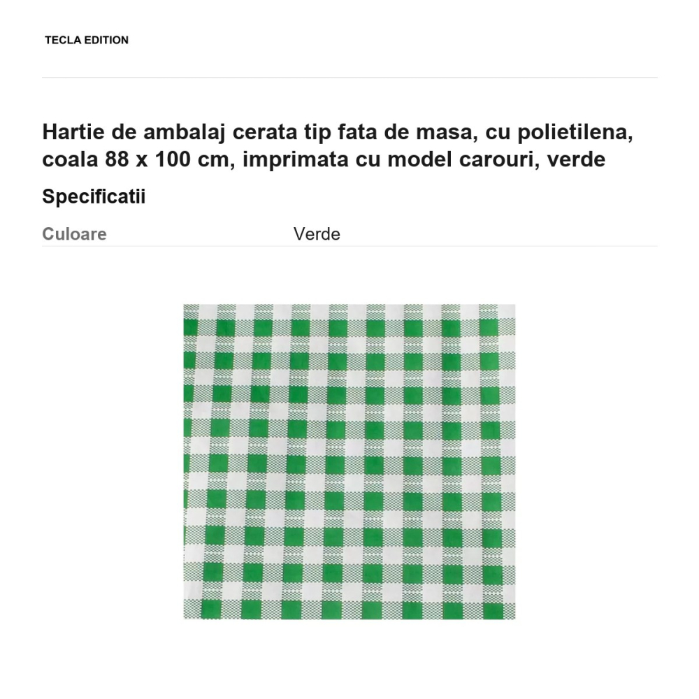 Hartie de ambalaj cerata tip fata de masa, cu polietilena, coala 88 x 100 cm, imprimata cu model carouri, verde [3]