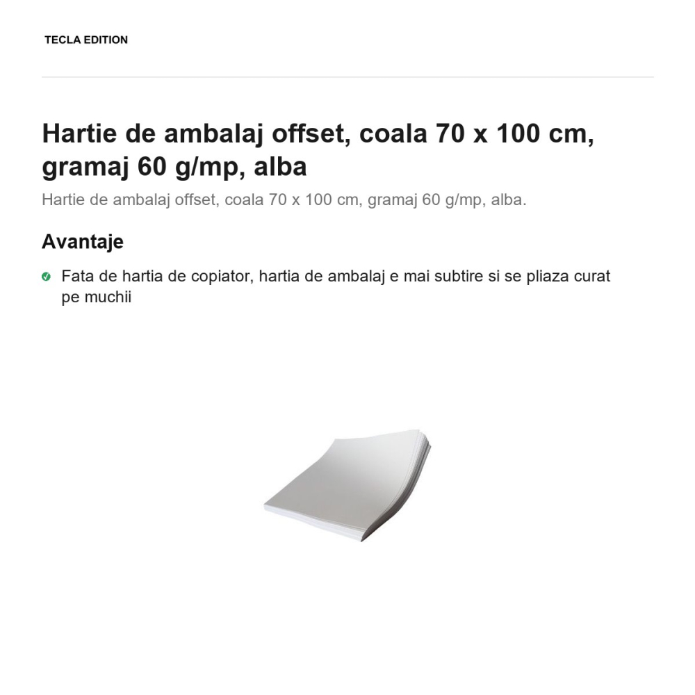 Hartie de ambalaj offset, coala 70 x 100 cm, gramaj 60 g/mp, alba [2]