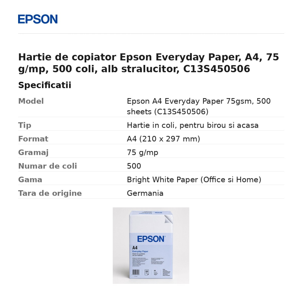 Hartie de copiator Epson Everyday Paper, A4, 75 g/mp, 500 coli, alb stralucitor, C13S450506 [3]