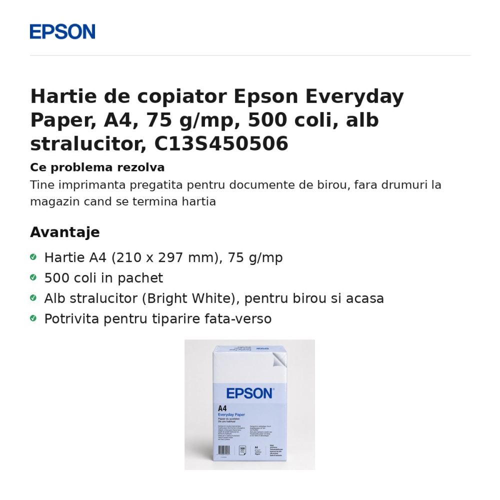 Hartie de copiator Epson Everyday Paper, A4, 75 g/mp, 500 coli, alb stralucitor, C13S450506 [2]