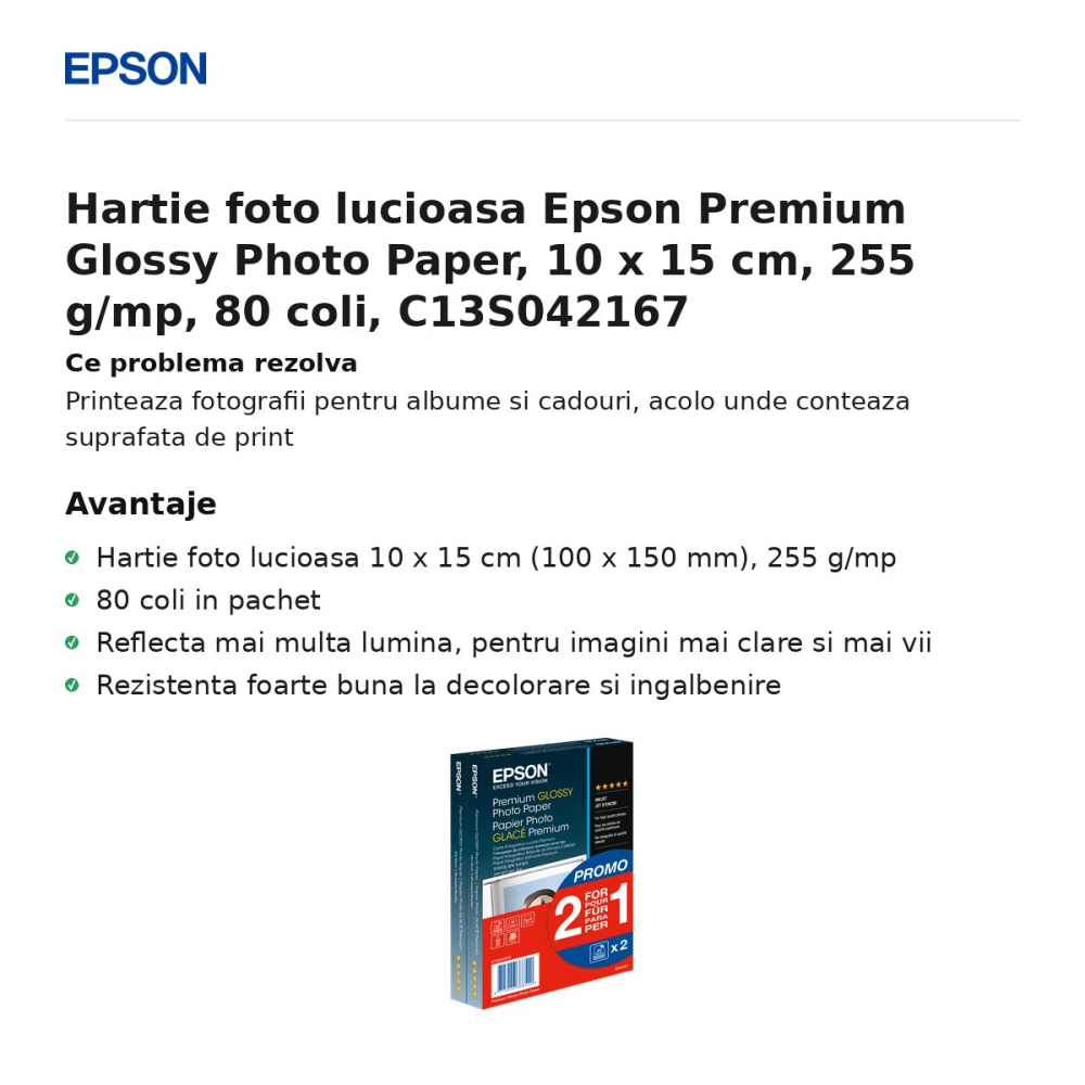 Hartie foto lucioasa Epson Premium Glossy Photo Paper, 10 x 15 cm, 255 g/mp, 80 coli, C13S042167 [2]