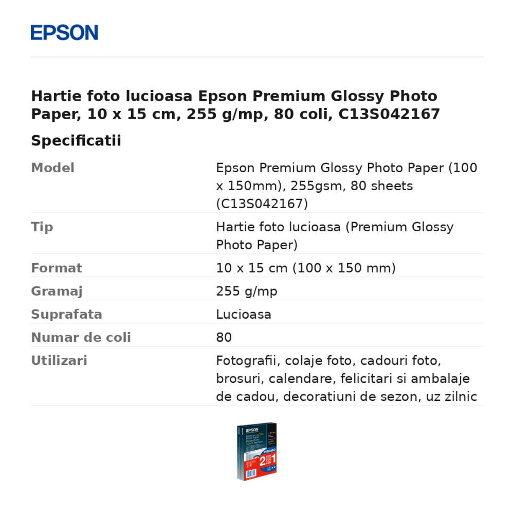 Hartie foto lucioasa Epson Premium Glossy Photo Paper, 10 x 15 cm, 255 g/mp, 80 coli, C13S042167 [3]