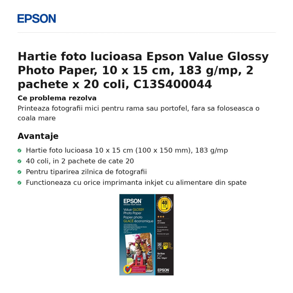Hartie foto lucioasa Epson Value Glossy Photo Paper, 10 x 15 cm, 183 g/mp, 2 pachete x 20 coli, C13S400044 [2]