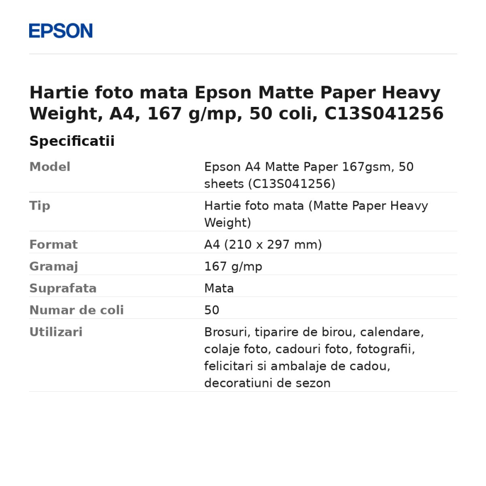 Hartie foto mata Epson Matte Paper Heavy Weight, A4, 167 g/mp, 50 coli, C13S041256 [3]