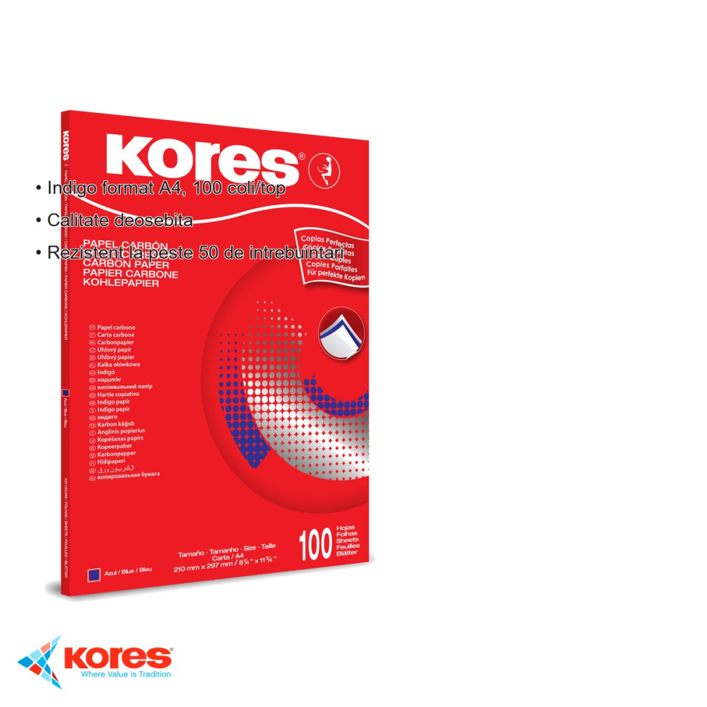 Hartie indigo Kores format A4, albastra, 100 coli/top, pentru scris de mana [3]