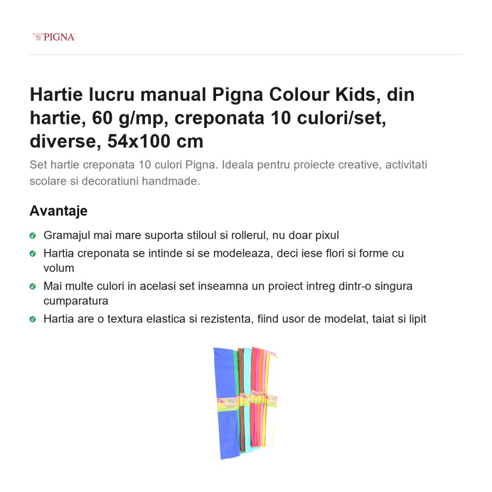 Hartie lucru manual Pigna Colour Kids, 60 g/mp, creponata 10 culori/set, 54x100 cm [2]