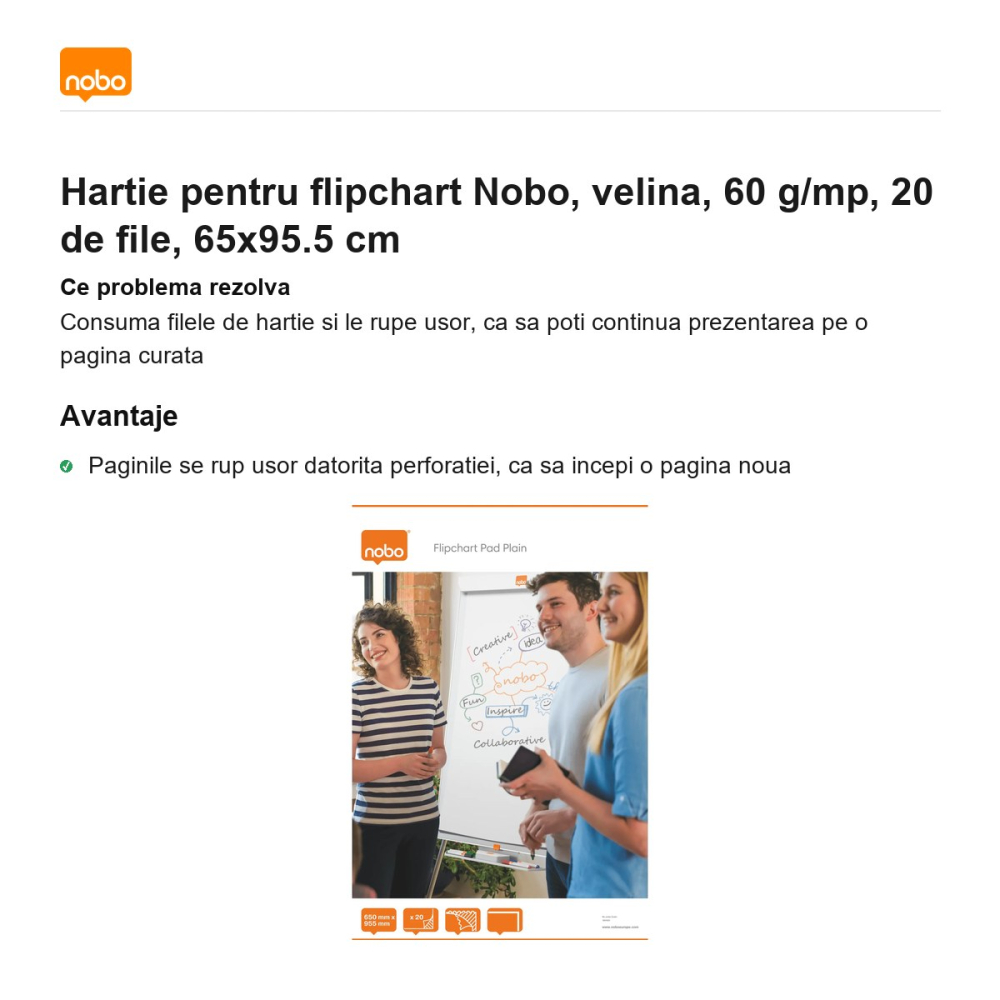Hartie pentru flipchart Nobo, velina, 60 g/mp, 20 de file, 65x95.5 cm [2]