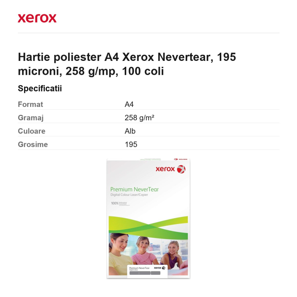 Hartie poliester A4 Xerox Nevertear, 195 microni, 258 g/mp, 100 coli [3]