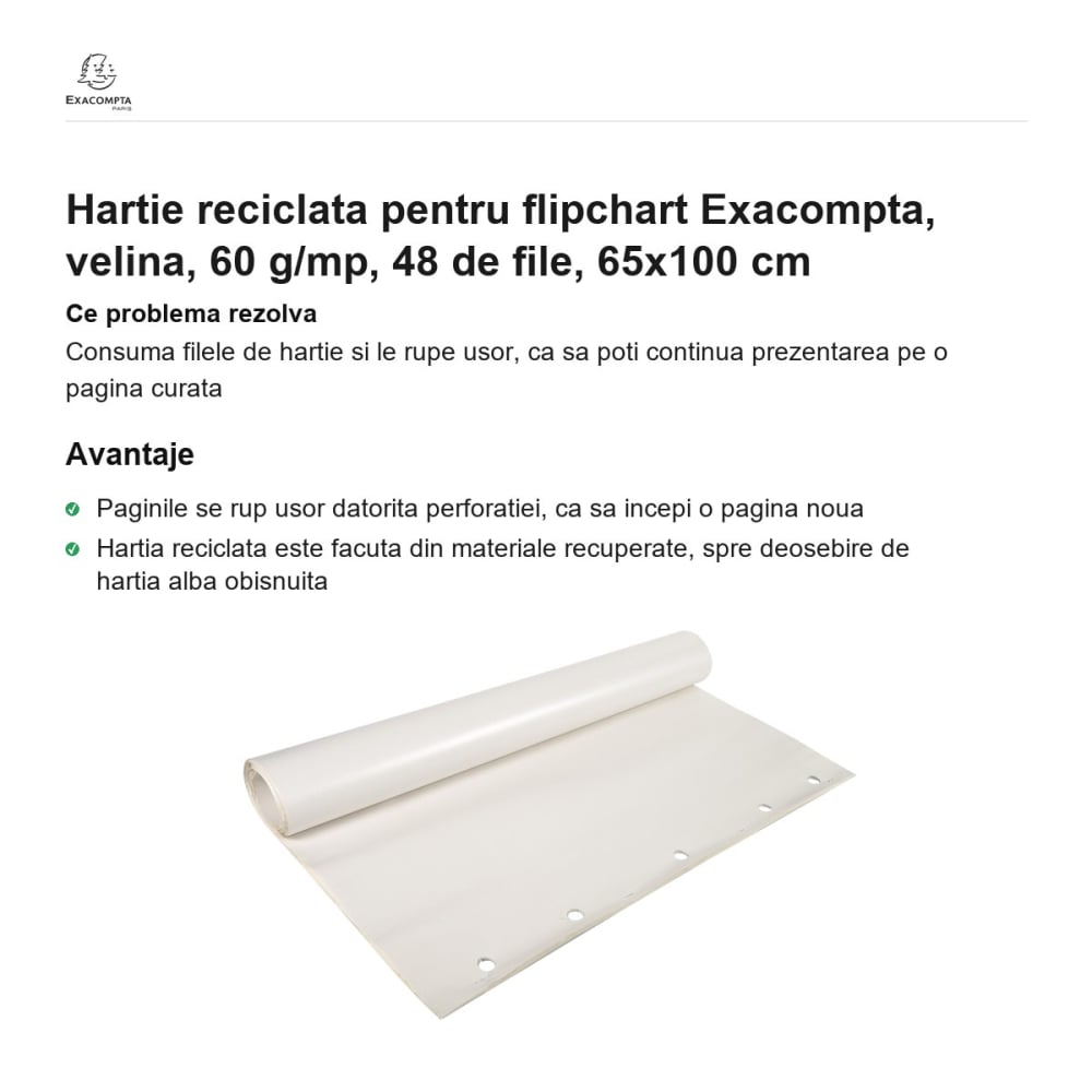 Hartie reciclata pentru flipchart Exacompta, velina, 60 g/mp, 48 de file, 65x100 cm [2]