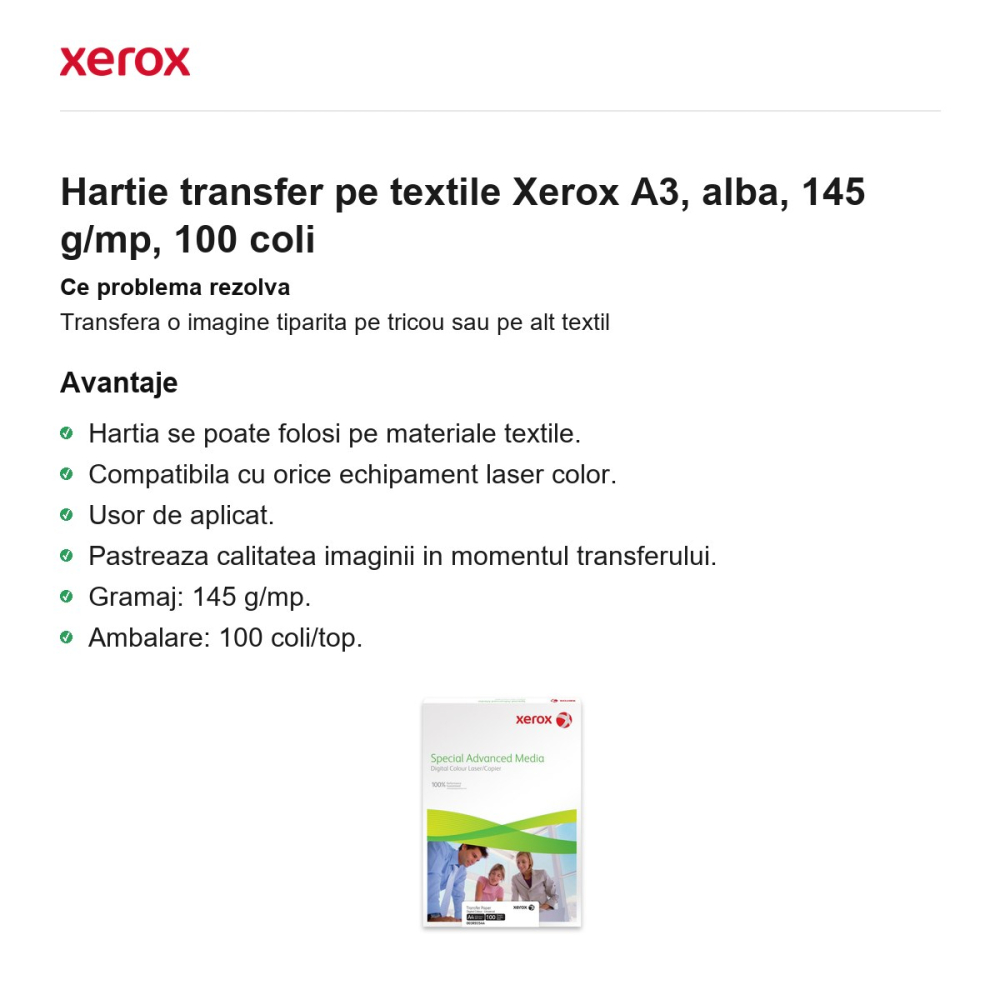 Hartie transfer pe textile Xerox A3, alba, 145 g/mp, 100 coli [2]