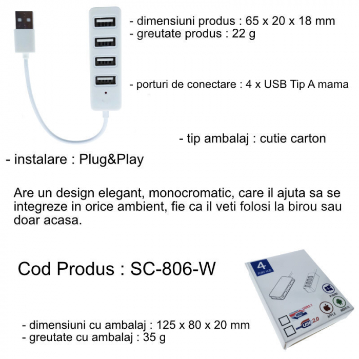 Hub cu 4 porturi USB 2.0 si cablu cu lungime de 10 cm cu conector USB tip A tata, cu indicator Led, alb [6]