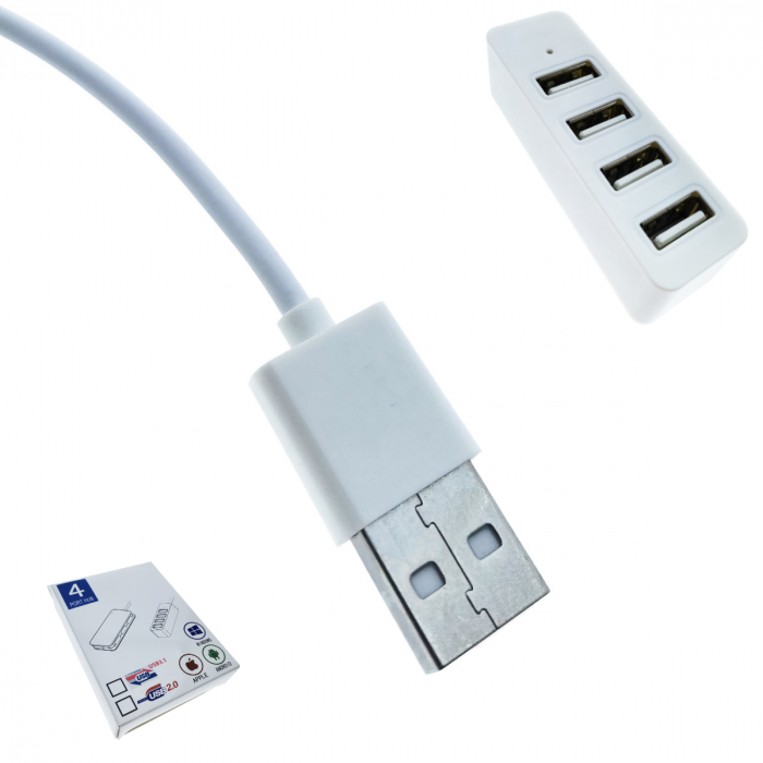 Hub cu 4 porturi USB 2.0 si cablu cu lungime de 10 cm cu conector USB tip A tata, cu indicator Led, alb [5]
