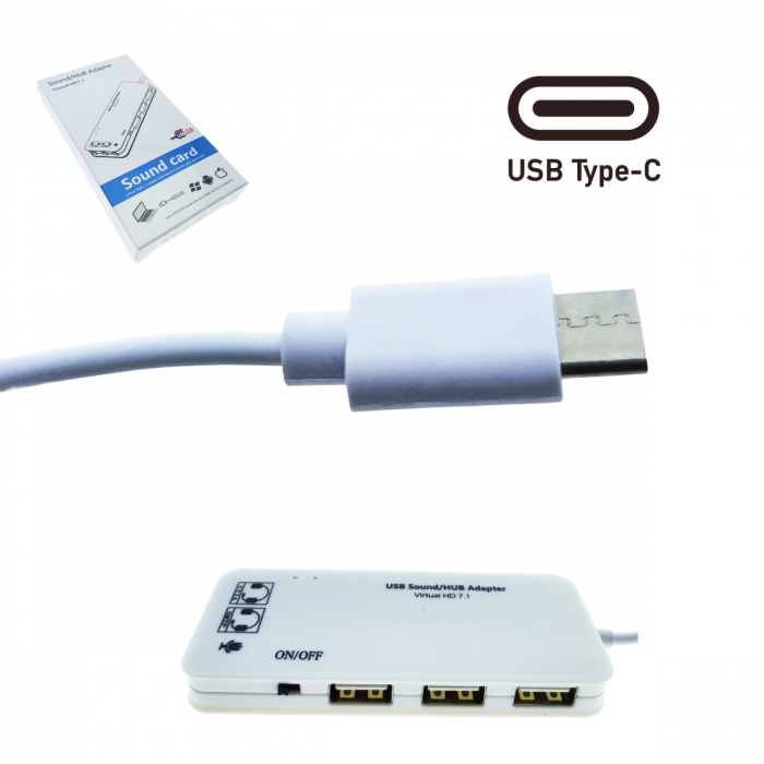 Hub cu conector USB Tip C si placa de sunet, 2in1, cu 3 porturi USB, interfata USB 2.0, iesire 3 x jack 3.5mm mama, indicator Led, cu cablu 45 cm, alb [5]