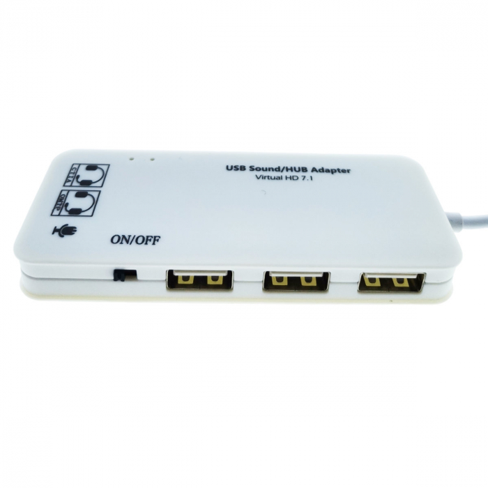 Hub cu conector USB Tip C si placa de sunet, 2in1, cu 3 porturi USB, interfata USB 2.0, iesire 3 x jack 3.5mm mama, indicator Led, cu cablu 45 cm, alb [4]