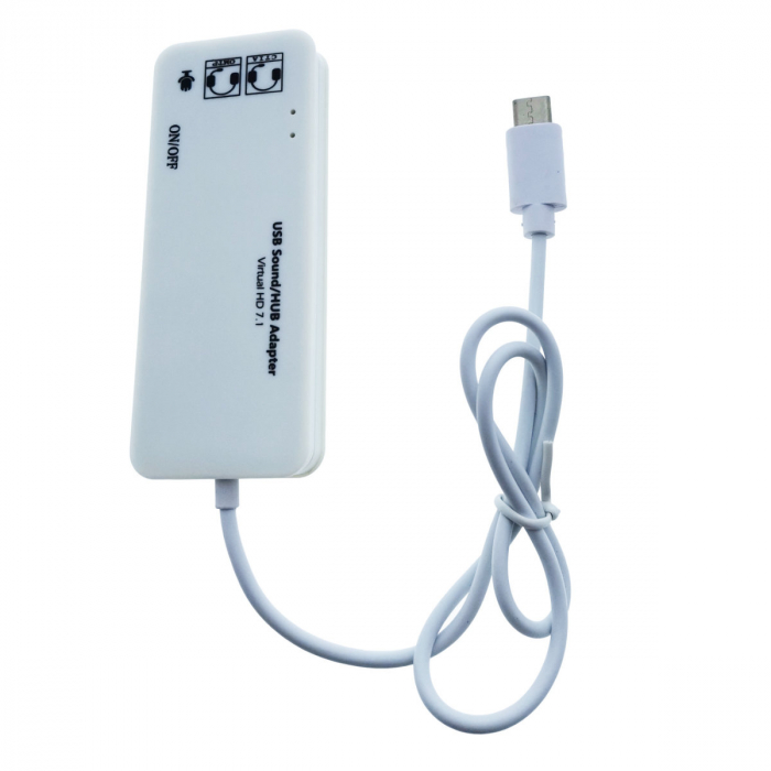 Hub cu conector USB Tip C si placa de sunet, 2in1, cu 3 porturi USB, interfata USB 2.0, iesire 3 x jack 3.5mm mama, indicator Led, cu cablu 45 cm, alb [2]