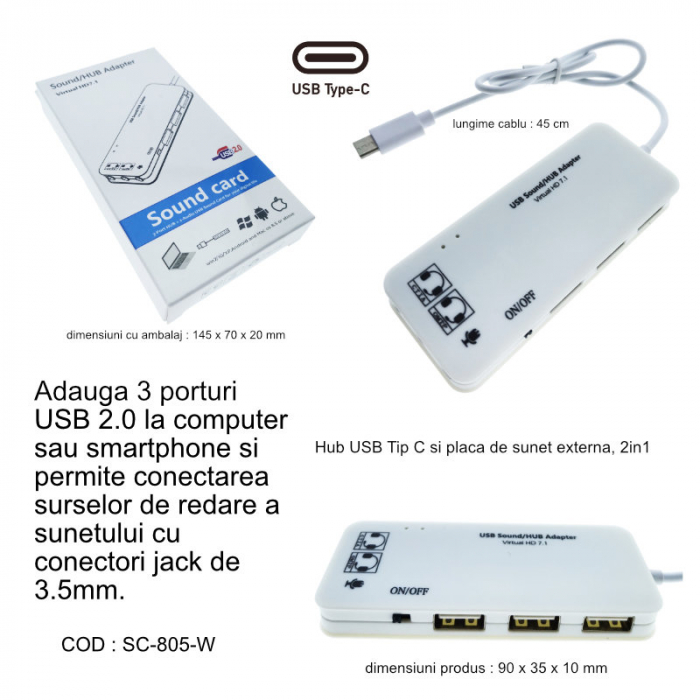 Hub cu conector USB Tip C si placa de sunet, 2in1, cu 3 porturi USB, interfata USB 2.0, iesire 3 x jack 3.5mm mama, indicator Led, cu cablu 45 cm, alb [6]