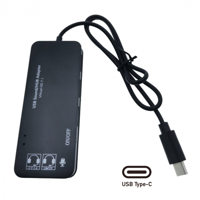 Hub cu conector USB Tip C si placa de sunet, 2in1, interfata USB 2.0, 3 porturi USB, iesire 3 x jack 3.5mm mama, indicator Led, cu cablu 45 cm, negru [2]
