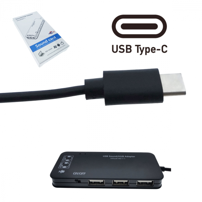 Hub cu conector USB Tip C si placa de sunet, 2in1, interfata USB 2.0, 3 porturi USB, iesire 3 x jack 3.5mm mama, indicator Led, cu cablu 45 cm, negru [5]
