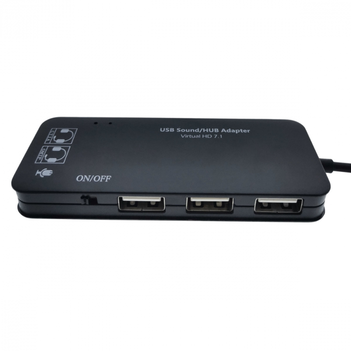 Hub cu conector USB Tip C si placa de sunet, 2in1, interfata USB 2.0, 3 porturi USB, iesire 3 x jack 3.5mm mama, indicator Led, cu cablu 45 cm, negru [4]