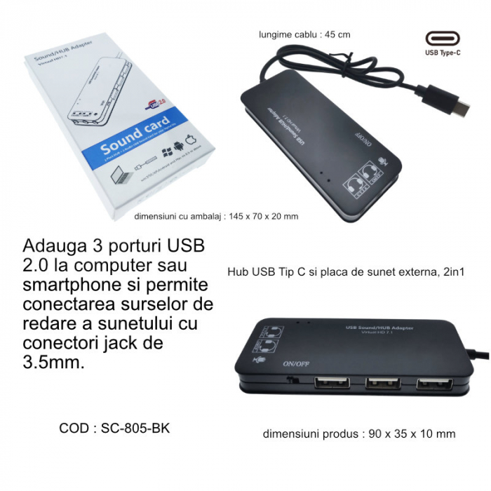 Hub cu conector USB Tip C si placa de sunet, 2in1, interfata USB 2.0, 3 porturi USB, iesire 3 x jack 3.5mm mama, indicator Led, cu cablu 45 cm, negru [6]