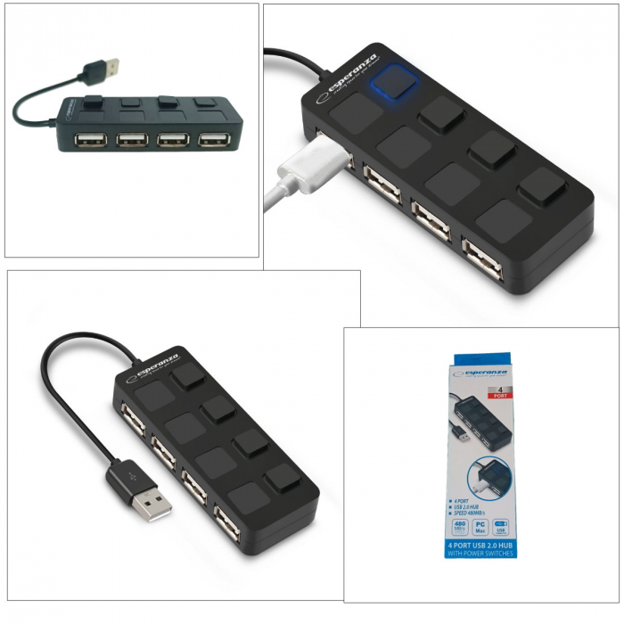 Hub USB 2.0 cu 4 porturi cu comutatoare, Esperanza, 480 MB/s, negru [4]