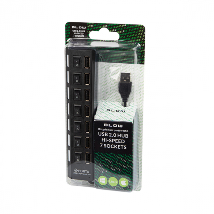Hub USB 2.0 cu 7 porturi, Blow 09884, LED, buton on/off, lungime cablu 44cm, negru [4]