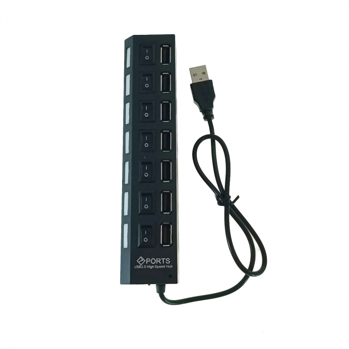 Hub USB 2.0 cu 7 porturi, Blow 09884, LED, buton on/off, lungime cablu 44cm, negru [2]