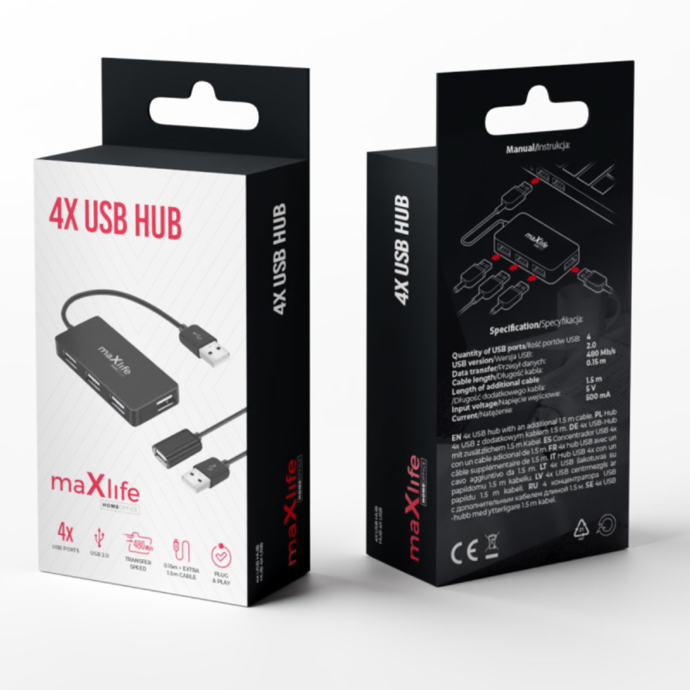 Hub USB 2.0 Maxlife cu 4 Porturi si Cablu Extensie 1.5m, pentru Home Office, Laptop si Desktop, Solutie Extindere Porturi [5]
