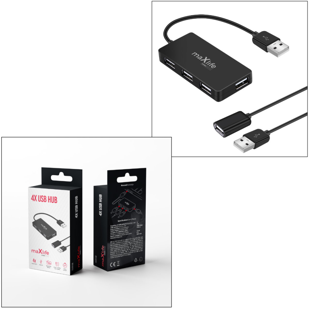 Hub USB 2.0 Maxlife cu 4 Porturi si Cablu Extensie 1.5m, pentru Home Office, Laptop si Desktop, Solutie Extindere Porturi [4]