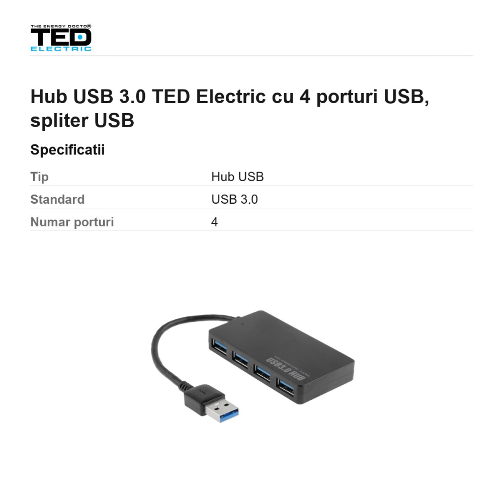 Hub USB 3.0 TED Electric cu 4 porturi USB, spliter USB [3]