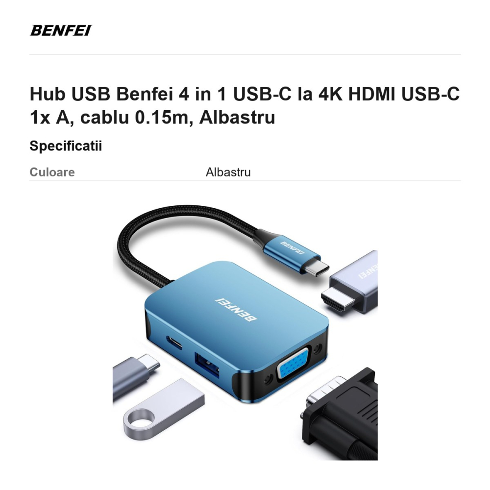 Hub USB Benfei 4 in 1 USB-C la 4K HDMI USB-C 1x A, cablu 0.15m, Albastru [3]