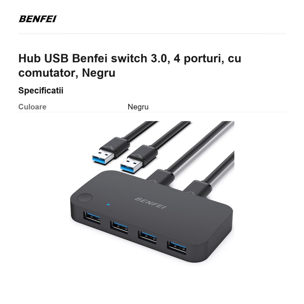 Hub USB Benfei switch 3.0, 4 porturi, cu comutator, Negru [3]