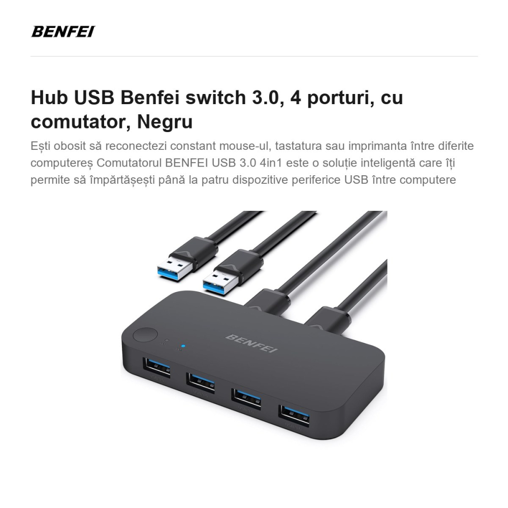 Hub USB Benfei switch 3.0, 4 porturi, cu comutator, Negru [2]