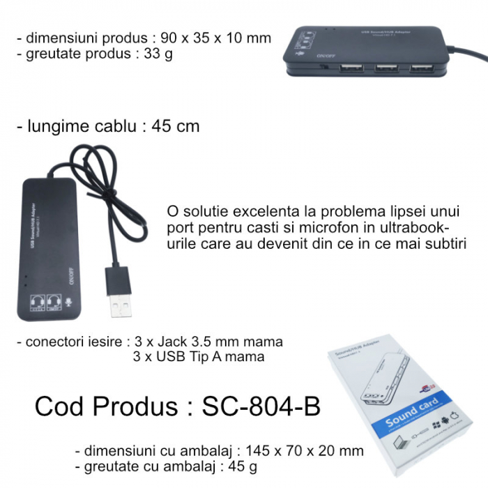 Hub USB si placa de sunet, 2in1, interfata USB 2.0, 3 porturi USB, iesire 3 x jack 3.5mm mama, indicator Led, cu cablu 45 cm, negru [6]